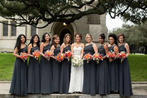 The bridesmaids’ bouquets were arranged with silver brunia berries and dusty miller leaves with dark tangerine orange flowers to achieve an elegant, wintery look. Alyson kept her bouquet bridal white. Bridesmaid Dresses Dark Gray, Gray Bridesmaids Dresses, Bridesmaid Dresses Gray, Dark Grey Bridesmaid Dresses, Charcoal Bridesmaid Dresses, Burgundy And Grey Wedding, Bridesmaid Dresses Light, Gray Bridesmaids, Light Gray Wedding