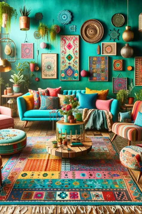 Colourful Bohemian Decor, Boho Living Room Ideas On A Budget, Boho Bonus Room Ideas, Vibrant Boho Living Room, Boho Living Room Colors, India Inspired Home Decor, Colorful Home Inspiration, Boho Living Room Wall Decor Ideas, Bright Colored Living Room