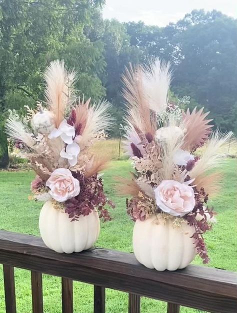 TikTok · Just More Decor Pink Pumpkin Bridal Shower Ideas, Pumkin Decoration Wedding, Boho Pumpkin Centerpieces, Wedding Centerpieces Pumpkins, Floral Pumpkin Centerpiece, Baby Shower Pumpkin Centerpieces, Diy Pampas Grass Arrangement, Pumpkin Baby Shower Centerpiece, Pumpkin Wedding Centerpieces