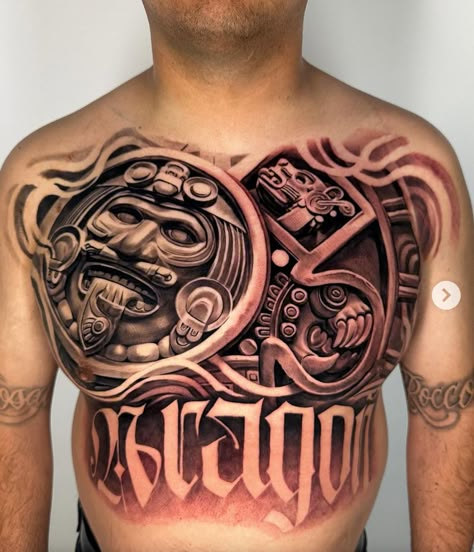 Stonework Tattoo, Aztec Sleeve Tattoos, Aztec Warrior Chest Tattoo, Aztec Neck Tattoo, Ollin Aztec Tattoo, Aztec Calender Tattoo Designs, Mexican Tattoo Ideas For Men Aztec, Aztec Gods Tattoo, Aztec God Tattoo For Men