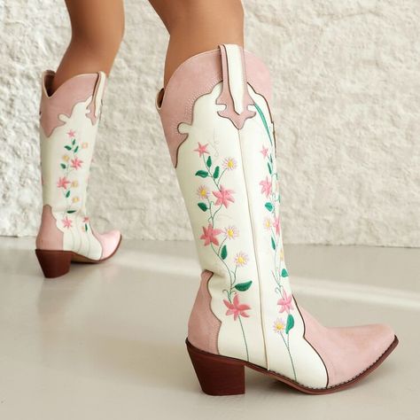 Pink Floral Cowboy Boots Step into style with our elegant Pink Floral Cowboy Boots. These boots are not only fashionable, but also durable and perfect for any occasion. Whether you're out on the ranch or hitting the town, these boots will make a statement. Embrace your inner cowgirl with a touch of floral elegance. Floral Cowboy Boots, Knee High Cowgirl Boots, High Cowgirl Boots, Cowgirls Boots, Cowboy Embroidery, Embroidery Boots, Pink Cowboy Boots, Pink Cowboy, Popular Boots