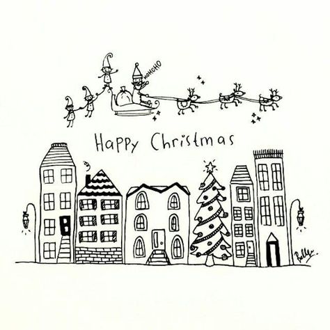 Happy Holidays Drawing, Christmas Village Doodle, Winter Drawings Christmas, Christmas Doodles Aesthetic, Christmas Doodles Ideas, Inspo For Drawing, Christmas Doodle Art, Christmas Scene Drawing, Inspo Drawing