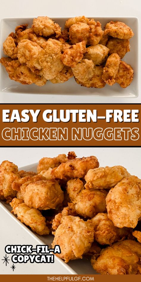 Recreate the famous Chick Fil A chicken nuggets with this gluten-free copycat recipe! Perfect for gluten free living, these fried chicken nuggets are quick, easy, and ideal for gluten free dinner. Enjoy the best gluten free Super Bowl food or Chick Fil A bites at home. Get the best easy gluten-free recipes, gluten free diet food and drink, lunches and dinners, special diet quick meals, family dinner, comfort food, and easy meals at thehelpfulgf.com! Gluten Free Chicken Fingers Air Fryer, Quick Lunch Ideas Gluten Free, Quick And Easy Gluten And Dairy Free Meals, Celiac Meals Easy Recipes, Dairy And Gluten Free Chicken Recipes, Inexpensive Gluten Free Meals, Egg Free Chicken Nuggets, Gluten Free Nuggets, Almond Flour Chicken Nuggets