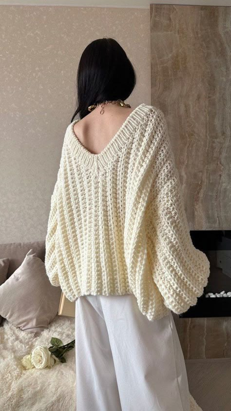 Hand Knitted Sweaters For Women, Oversized V Neck Sweater, Knit Chunky Sweater, Knit Sweater Oversized, Super Chunky Knit, Balloon Sleeve Sweater, Sweater Handmade, Yarn Sweater, Cream Knit Sweater