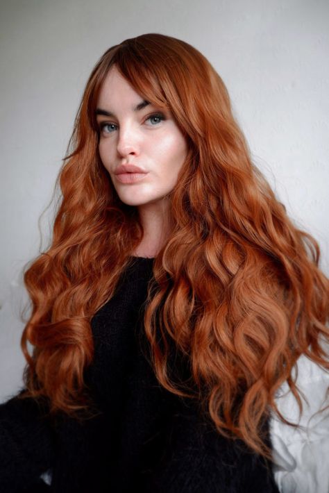 Burnt Orange Hair Dye, Long Loose Waves, Burnt Orange Hair, Orange Hair Dye, Crimped Waves, Haircut Lob, Red Hair Model, Long Hair Straight, Wavy Wig With Bangs