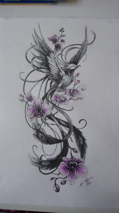 Phonex Tattoo Designs, Purple Phoenix Tattoo, Mystical Tattoos For Women Sleeve, Phoenix Tattoo Leg, Mystical Tattoos For Women, Phoenix And Flower Tattoo, Feminine Chest Tattoo, Feather Hip Tattoos, Phoenix Tattoo Women