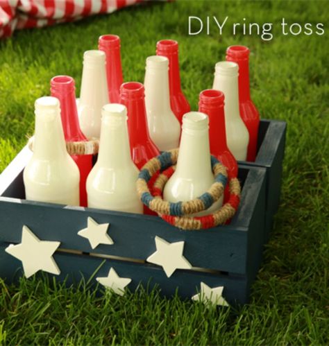 Our DIY bottle ring toss game, made from upcycled glass bottles and embroidery hoops, brings friendly competition suitable for all ages! Bottle Ring Toss, Backyard Games Diy, Diy Yard Games, 4th Of July Party Ideas, Ring Toss Game, 4th Of July Ideas, Adult Halloween Party, Halloween Family, July Fourth