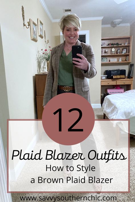 Blazer Coat Outfit Women, Outfits With Plaid Blazer, Brown Plaid Blazer Outfit Casual, Brown Plaid Blazer Outfit Work, Sport Coat Outfit Women, Styling A Plaid Blazer, Brown Check Blazer Outfit Women, Plaid Blazer Outfit Women Work, Brown Plaid Blazer Outfit Women