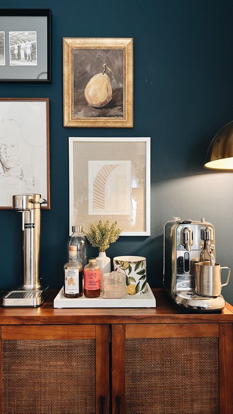 Coffee Nook In Living Room, Coffee Bar Lamp, Dining Room Coffee Station, Dining Room Coffee Bar Ideas, Coffee Station Ideas Office, Coffee Station In Dining Room, Coffee Station Living Room, Grey Blue Accent Wall, Coffee Machine Corner