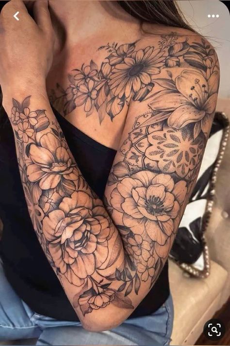 Shoulder Sleeve Tattoos, Arm Sleeve Tattoos For Women, Tattoos For Women Flowers, Tattoos For Women Half Sleeve, Tasteful Tattoos, Mother Tattoos, Floral Tattoo Sleeve, Forearm Tattoo Women, Tattoos For Black Skin