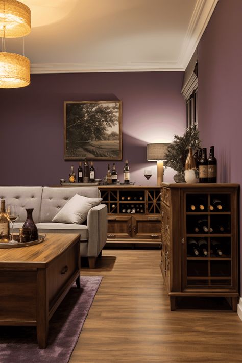 Colors that Go with Plum Walls: Realistic Living Area with Quality Brown Furniture Living Room Purple Decor, Aubergine Accent Wall, Paint Color Room Ideas, Wall Colors For Living Room With Brown Furniture, Plum Color Walls, Deep Purple Dining Room, Wine Bedroom Color, House Room Colors Ideas, Coloring Wall Ideas