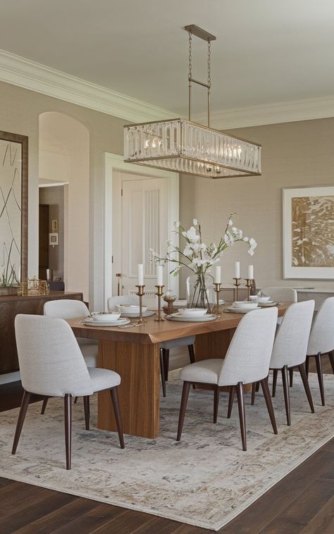 23 Transitional Dining Room Ideas to Elevate Your Home Design Classic Contemporary Dining Room, Vintage Modern Dining Room, Transitional Dining Room Ideas, Transitional Dining Room Table, Neutral Dining Room Decor, Organic Dining Room, Warm Dining Room, Dining Room Decor Traditional, Dining Room Design Luxury