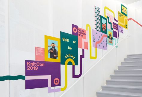 Pinterest Knit Con Event Branding on Behance Office Wall Design, Wayfinding Design, Wayfinding System, Environmental Graphic Design, Office Branding, Event Branding, Hybrid Design, Wayfinding Signage, Brand Book