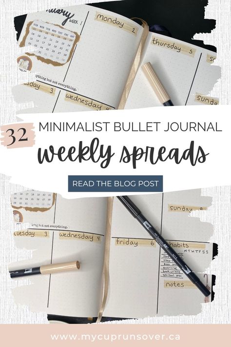 Are you looking for weekly spread ideas that are minimalistic yet inspiring? We’ve compiled a list of 32 minimalist weekly spread ideas to help you explore the wonderful world of bullet journaling. rnrnFrom classic color schemes and simple illustrations to modern design techniques and geometric patterns, there’s something here for everyone. With just a few basic supplies and some creativity, these minimalist spreads will have your bullet journal pages looking amazing all year long. Weekly Spreads Bullet Journal, Weekly Spread Bullet Journal Minimalist, Simple Weekly Bullet Journal Layout, Bullet Journal Ideas Weekly Layout, Bullet Journal Weekly Spread Minimalist, Minimalist Weekly Spread, Bujo Weekly Spread Ideas, Simple Bullet Journal Ideas, Minimalist Bullet Journal Ideas