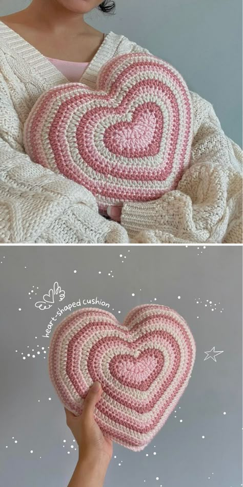 Heart-Themed Crochet Projects – Free Patterns Crochet Free Pillow Pattern, Free Pink Crochet Patterns, Room Crochet Decor Ideas, Crochet Fun Pillows, Galentines Gifts Crochet, Heart Pillow Crochet Pattern Free, Heart Crochet Projects, Crochet Patterns Free Pillow, Bedroom Crochet Ideas