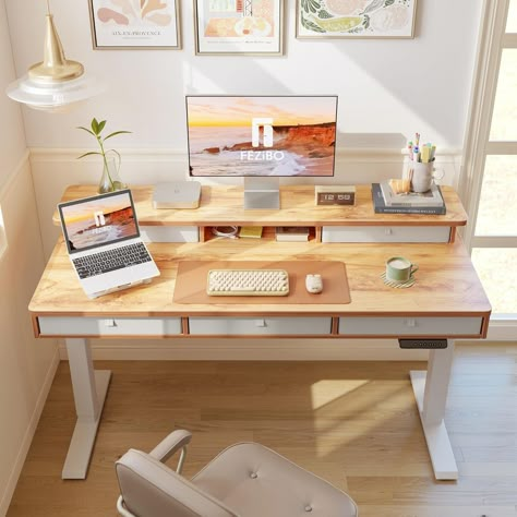 FEZIBO Height Adjustable Electric Standing Desk with 5 Drawers, Table with Storage Shelf, Sit Stand Desk - Bed Bath & Beyond - 40174901 Height Adjustable Desk, Electric Desk, Computer Desk Setup, Electric Standing Desk, Small Space Office, Cozy Home Office, Home Studio Setup, Stand Up Desk, Sit Stand Desk