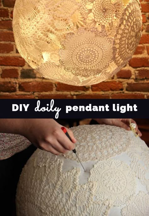 DIY Doily Pendant Lighting - Cool Bedroom Decor Ideas and Creative, Homemade Lighting Ideas Homemade Lighting, Diy Doily, 2 Pretty, Doilies Crafts, Diy Decoracion, Diy Lampe, Cup Hooks, Dekor Diy, Handmade Bed