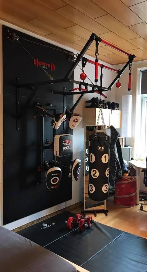 “A Home gym is the best way to save money. Take a look at the top home gym ideas from those of us who have been there and know what works!”  For your boxing/MMA equipment, gears and apparel needs, visit proboxing.com. Gym Room Ideas, Workout Room Decor, Home Gym Basement, Trening Sztuk Walki, Mma Gym, Home Gym Garage, Workout Room Home, Diy Gym, Diy Home Gym