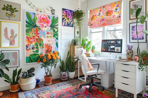 Boho home office ideas infuse creativity and comfort into your workspace with eclectic, global-inspired elements. Mix Vintage Office Ideas, Boho Home Office Ideas, Boho Office Space Workspaces, Vintage Office Design, Eclectic Office Decor, Antique Wooden Desk, Creative Workspace Inspiration, Boho Home Office, Eclectic Office