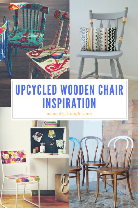 Upcycled wooden chair inspiration- diythought. Chair Diy Ideas, Tv Stand Upcycle, Wooden Chair Makeover, Old Tv Stand, Decoupage Chair, Upcycled Chairs, Painted Wooden Chairs, Fun Chair, Old Wooden Chairs