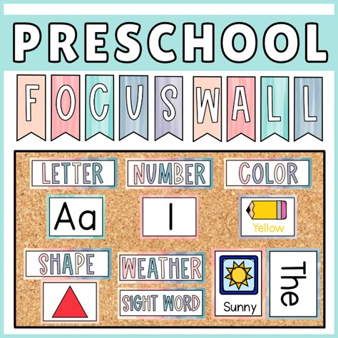 PreK Free Worksheets| Made By Teachers Preschool Boards Ideas, Prek Calendar Board, Prek Themes By Week, Letter Of The Week Preschool Board, Family Picture Wall Classroom, Prek Word Wall, Prek Focus Board, Weekly Focus Bulletin Board, Prek Classroom Wall Decor