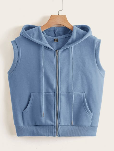 Dusty Blue Casual  Sleeveless Polyester Plain Zip Up Embellished Slight Stretch Summer Women Sweatshirts Sleeveless Zip Up Hoodie Outfit, Jacket Hoodie, Sleeveless Sweatshirt, Sleeveless Hoodie Outfit, Sleevless Jacket, Collage Outfits, Hoodie Vest, Everyday Fashion Outfits, Sleeveless Hoodie