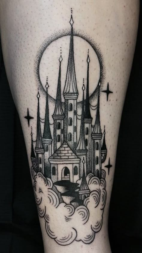 Disney Castle Tattoo, Tattoo Nightmares, Little Castle, Line Drawing Tattoos, Traditional Tattoo Old School, Air Tattoo, Castle Tattoo, Tattoo Inspiration Men, Cloud Tattoo