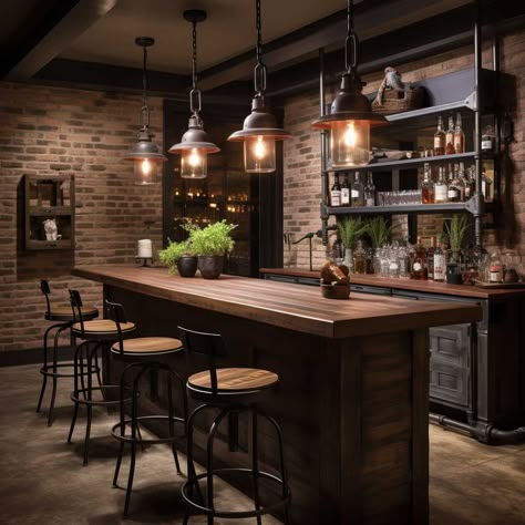 Industrial Basement Bar, Rustic Basement Ideas, Rustic Basement Bar, Industrial Basement, Basement Bar Plans, Basement Bar Design, Bourbon Room, Basement Bars, Garage Mudroom