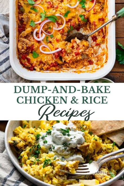 The dump-and-bake method of cooking isn't fancy, but it's sure convenient when we need to get a meal on the table without any effort. These budget-friendly chicken and rice recipes come together with very little prep time, are full of flavor, and make everyone at the table happy! Dump And Bake Rice Recipes, Chicken And Rice In The Oven Recipe, Rice Chicken Meal Prep, Chicken Dump Casserole Recipes, Rice And Chicken Bake Casserole Recipes, Easy Chicken Dinner Oven, Best Take And Bake Meals, Minute Rice And Chicken Recipes, Rice Chicken Bake