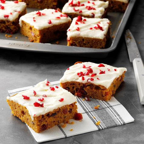 Frosted Pumpkin Cranberry Bars Cranberry Bars Recipe, Cranberry Bars, No Bake Pumpkin Cheesecake, Banana Bars, Pumpkin Cranberry, Cranberry Cookies, Pumpkin Bars, Butter Frosting, Bars Recipe