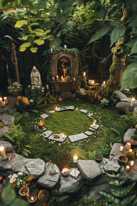 Garden Witch Wedding, Witches Coven Party, Witch Decor Outdoor, Outdoor Alter Ideas Pagan, Forest Witch Decor, Whimsical Witch Aesthetic, Witch Backyard, Backyard Altar, Witch Wedding Aesthetic