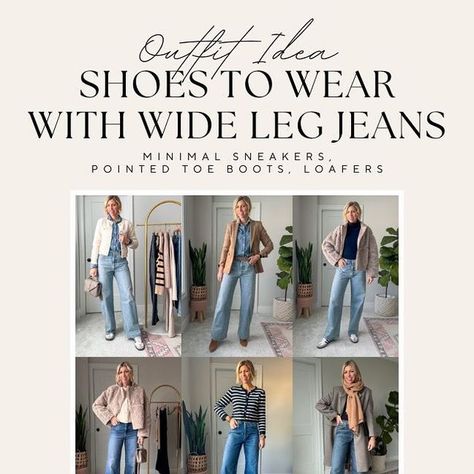 Sarah Kelly | Daily Oufit Ideas on Instagram: "What Shoes To Wear With Wide Jeans! To shop, comment SHOES & I’ll send you a message with all the details ✨ I love how versatile wide leg jeans are👏🏻They pair with lots of different styles of shoes + boots I wanted to give you a few different examples of classic shoes to wear + ideas for how to put the whole look together! Which look is your favorite? #widelegjeans #howtowear #sarahkellystyle" Shoes To Wear With Wide Leg Jeans, What Shoes To Wear, Wide Legged Jeans, Ankle Length Jeans, Pointed Toe Boots, Wide Jeans, Classic Shoes, The Details, Denim Fashion