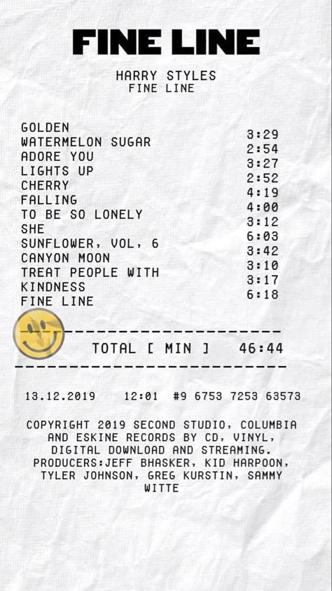 Harry Styles Album Receipt, Harry Styles Receipt Poster, Fine Line Receipt, Receipt Album Poster, Life Support Album Receipt, Music Reciepts, Music Album Receipts, Receipt Music, Album Receipts Aesthetic