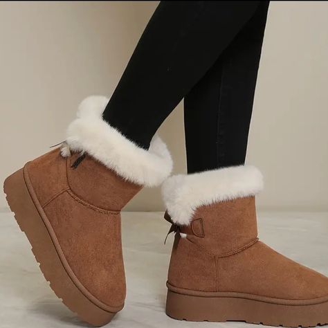 Women's Solid Color Fluffy Boots, Bowknot Decor Slip On Soft Sole Platform Warm Lined Boots, Plush Non-Slip Snow Boots Winter Boots Uggs, Winter Fluffy Boots, Cute Warm Boots Women, Cute Boots For Winter, Cute Winter Boots For Women, Winter Boots Aesthetic, Fluffy Winter Boots, Shoes For Snow, Cute Winter Shoes