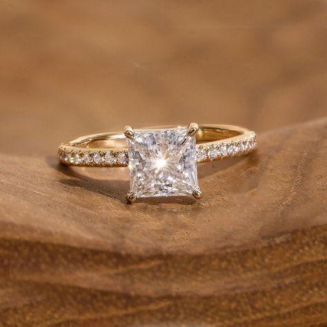 The Classic Princess Engagement Ring | Pave Band | Yellow Gold Princess Shape Ring, Cute Engagement Rings Square, Wedding Rings Gold Square, Square White Gold Engagement Rings, Square Gold Wedding Ring, Wedding Ring Square Diamond, Simple Square Wedding Rings, Cute Engagement Rings Princess, Small Square Engagement Rings