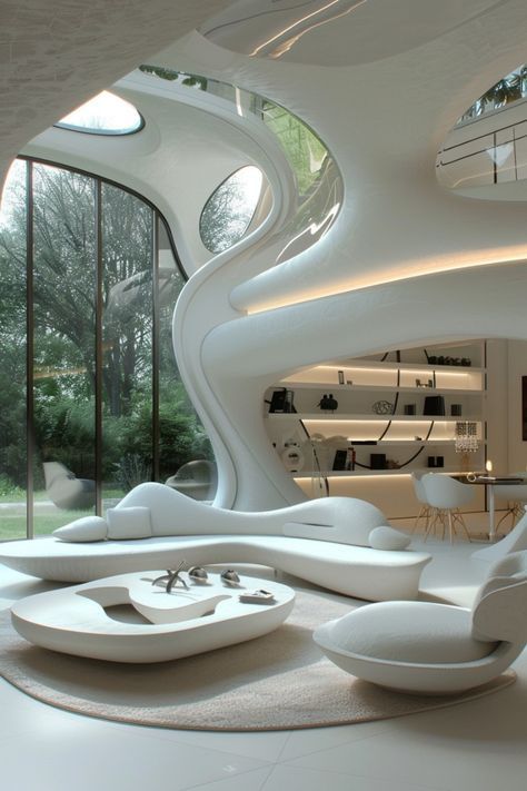 Future Space Technology, House Design Futuristic, Futuristic House Design Interiors, High Tech Furniture, Modern Futuristic House Interior, Futuristic Living Room Interior Design, High Tech Living Room, Futuristic Room Aesthetic, High Tech Interior Design