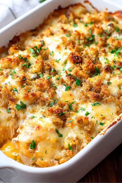 This Swiss chicken casserole is creamy, cheesy, and so comforting! The blend of chicken, stuffing mix, cream of chicken soup, and cheese is amazing. Swiss Cheese Chicken Casserole, Chicken And Cream Of Celery Recipes, Recipes Using Cream Of Chicken Soup, Chicken Pillows Recipe, 3 Ingredient Chicken Recipes, Swiss Chicken Casserole, Swiss Cheese Recipes, Swiss Chicken, Chicken Stuffing Casserole