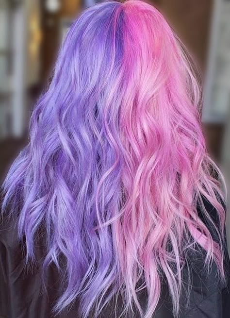 Purple Split Hair Dye, Purple Colored Hair Ideas, Split Purple And Pink Hair, Half Pink And Purple Hair, Half Pink Half Purple Hair Pastel, Two Color Hair Half, Hair Dye Ideas Pink And Purple, Purple And Pink Split Hair, Pastel Pink And Purple Split Dye