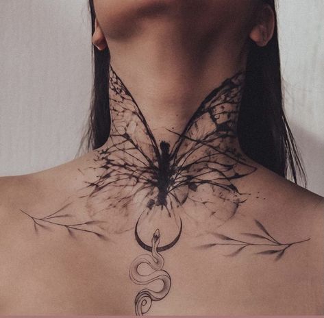 Forest Neck Tattoo, Dark Female Tattoos, Spiritual Chest Tattoo Female, Fairy Neck Tattoo, Dainty Throat Tattoo, Fae Inspired Tattoos, Honeycomb Neck Tattoo, Dark Fairy Tattoo Designs, Throat Tattoos Women Simple