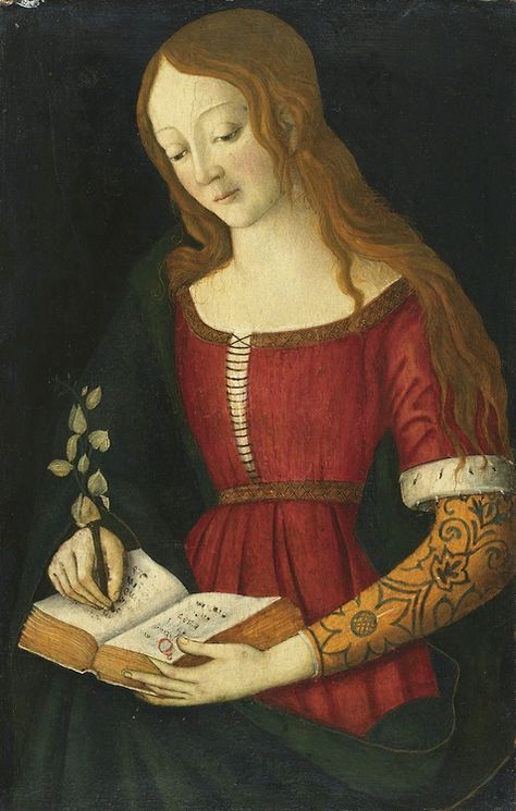 Giacomo Pacchiarotto -  A young lady writing a hymnal Medieval Artwork, Istoria Artei, Medieval Paintings, Medieval Woman, Sca Garb, Medieval Clothing, Medieval Dress, Medieval Fashion, Medieval Art