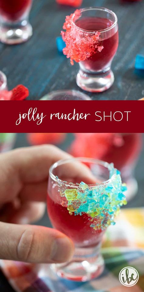 Dive into this vibrant Jolly Rancher shot recipe! It's the perfect blend of fruity liquor garnished with a crushed candy rim. #jollyrancher #shot #vodka #fruity #cocktail Fruity Shots Recipes, Fruity Drinks With Alcohol Easy, Hennessy Jello Shots Recipes, Mixed Drinks Alcoholic Vodka, Shots With Whipped Vodka, Fun Alcoholic Shots, Birthday Shots Recipes, New Year’s Eve Shots, Alcohol Infused Candy