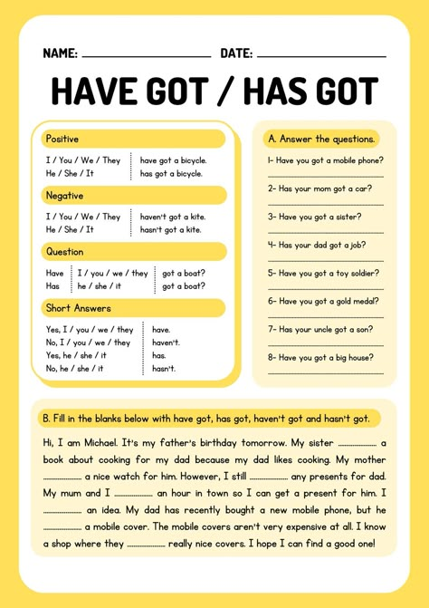 Have Got / Has Got (Possession) Grammar Worksheet - Templates by Canva English Grammar Exercises, Grammar For Kids, English Teaching Materials, English For Beginners, English Exercises, English Grammar Worksheets, Esl Lessons, Kids English, English Classroom