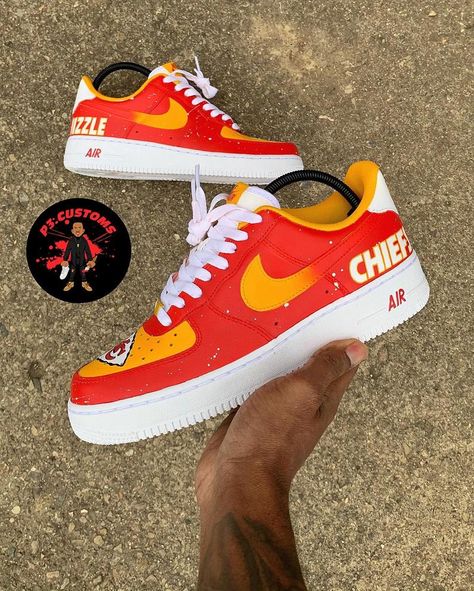 Red Chief Shoes, Kansas City Chiefs Custom Shoes, Painted Nike Airforce 1 Red, Nfl Custom Shoes, Classic Red Nike Custom Sneakers, Airforce 1s, Customised Shoes, Kc Cheifs, Nike Custom