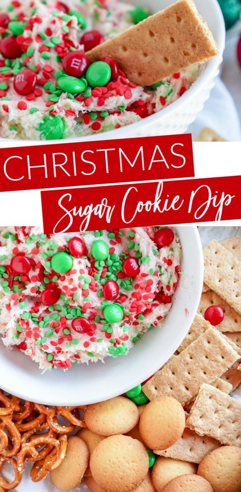 Christmas Sugar Cookie Dip! This easy dessert dip recipe is perfect for the holidays! So easy to make and full of Red and Green Colors to add festivity to any table! Serve with your favorite snacks for an easy Holiday Party Dip Dessert Recipe! #lemonpeony #sugar #cookie #dip #recipe #christmas #red #green #party Christmas Tree Cookie Dip, Christmas Cookies Dipped, Dipped Wafer Cookies Christmas, Dessert Dip Recipes Christmas, Cookies For Dipping, Appetizer Dessert Recipes, Grinch Dessert Dip, Holiday Class Party Snacks, Dip Potluck Ideas