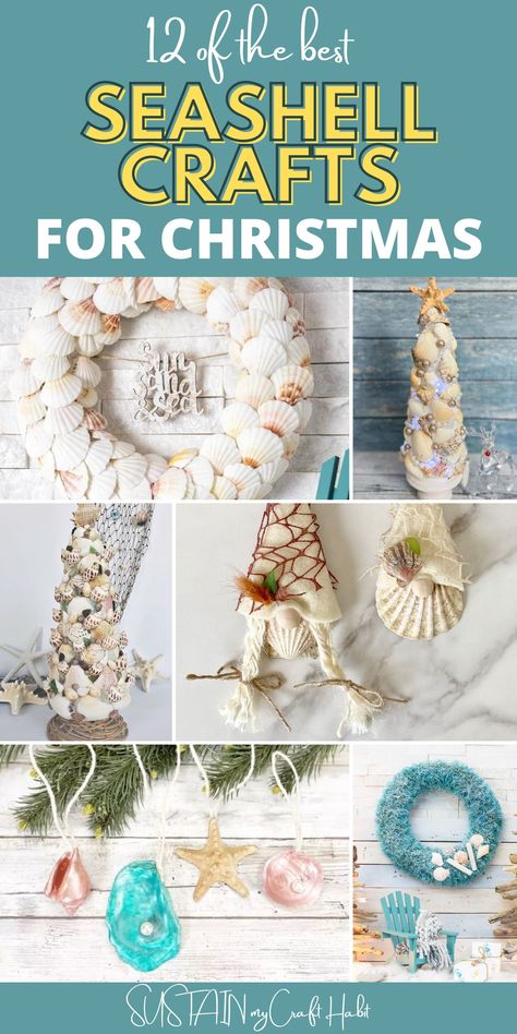 Homemade Sea Shell Christmas Ornaments, Seashell Xmas Tree, Diy Beachy Christmas Decor, Diy Gifts With Shells, Christmas Beach Crafts Diy, Holiday Shell Crafts, Shell Ornaments Diy Seashell Crafts, Christmas Crafts With Seashells, Craft With Seashells Ideas