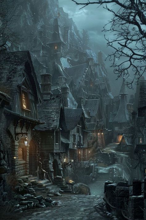 Dark Village Fantasy Art, Fantasy Village Art Medieval Town, Dark Village Aesthetic, Dystopian Village, Fantasy Village Art, Fantasy Village Aesthetic, Dark World Aesthetic, Dark Fantasy City, Dark Fantasy Village