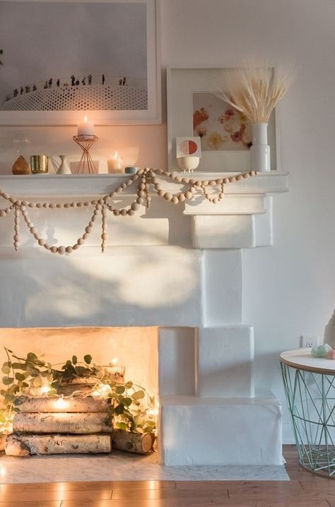 . Fairy Light Fireplace Ideas, Electric Candles In Fireplace, Fairy Light Fireplace, Twinkle Lights In Fireplace, Fairy Lights In Fireplace, Fireplace Fairy Lights, Fireplace Inside Decor, Unusable Fireplace Ideas, Fairy Lights Fireplace