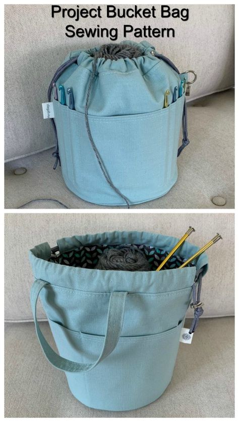 Sewing pattern for a project bucket bag. Easy to sew project bag pattern for a knitting, crochet or craft bag to sew. #SewingPatternsforBeginners #SewingPatterns #BeginnersSewingPatterns Sew Organizer Bag, Sewing Pattern Organizer, Yarn Bag Sewing Pattern, Yarn Project Bag Sewing Pattern, Quilted Bucket Bag, Knitting Bag Patterns To Sew, Knitting Project Bag Pattern Free, Project Bag Pattern Free, Easy Craft Ideas For Adults Simple