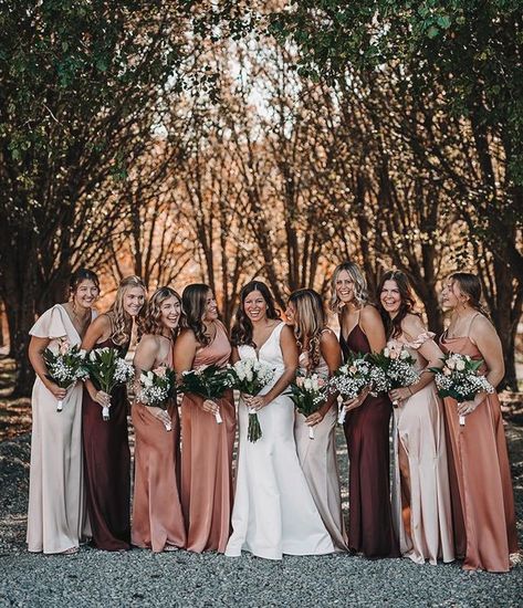 Bridesmaid Dresses Different Colors, Tan Bridesmaid Dresses, Botanica Wedding, Bridal Party Outfits, Fall Bridesmaids, Bridesmaid Dresses Satin, Fall Bridesmaid Dresses, Bridal Party Outfit, Rose Bridesmaid Dresses