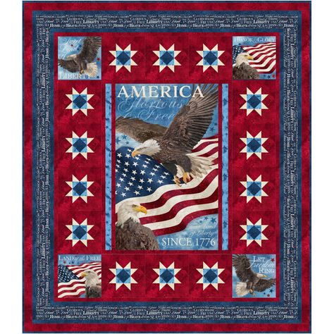 Quilt features two american eagles with America, and american flag and since 1776. Bordered by stars and more patriotic images. Back Porch Designs, Art Bin, Cluck Cluck Sew, Cottage Quilt, Blackbird Designs, Cat Cuddle, Fire Designs, How To Finish A Quilt, Girls Quilts